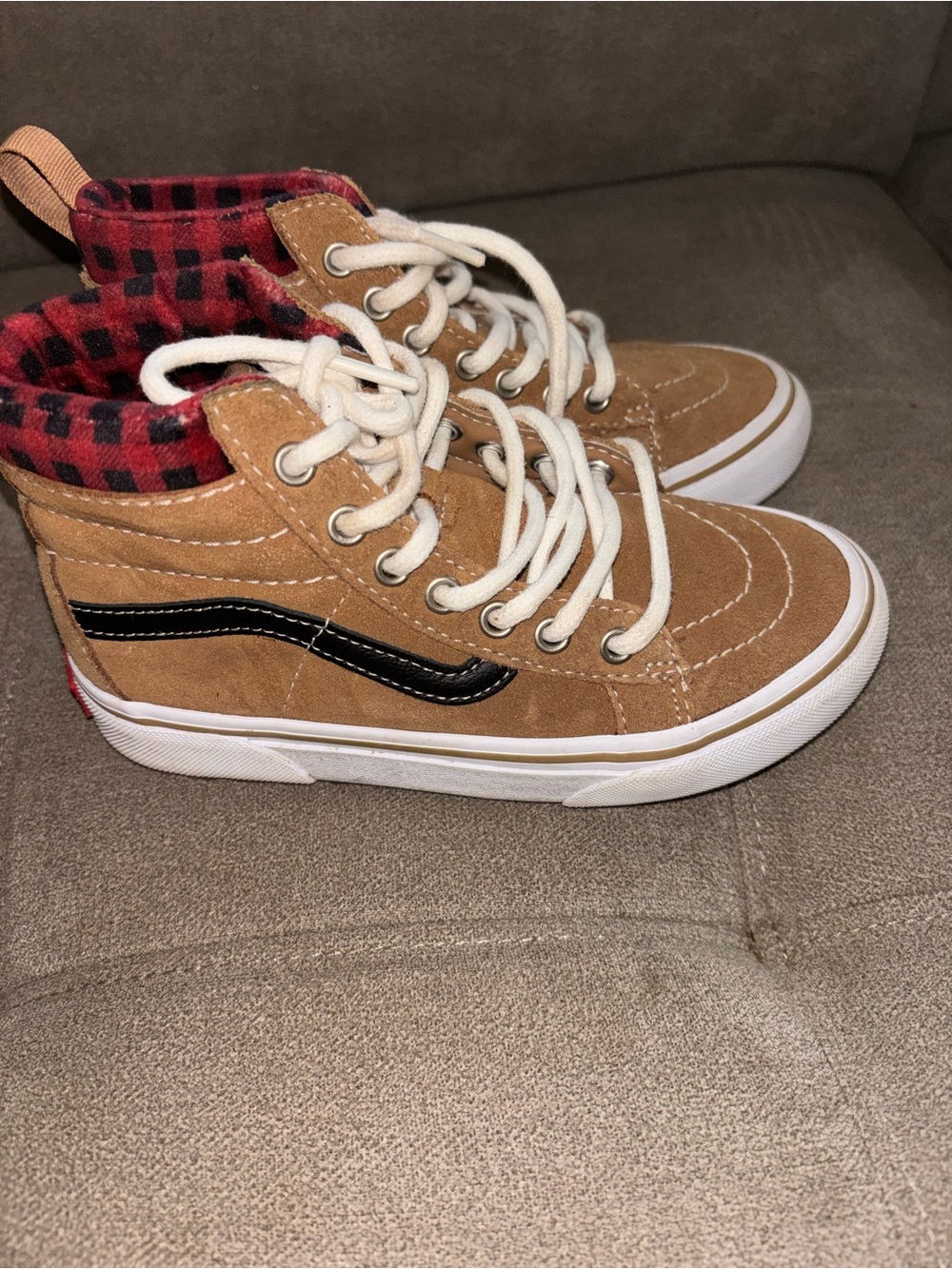 Vans Kids High-Top Sneakers in Tan with Black Stripe and Red Plaid Lining